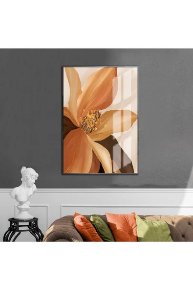 Harikabirev HARİKABİREV|KREM-TURUNCU ÇİÇEK MODELİ 1 |ÇERÇEVELİ TEMPERLİ CAM TABLO TEKLİ DİKEY ürün görseli