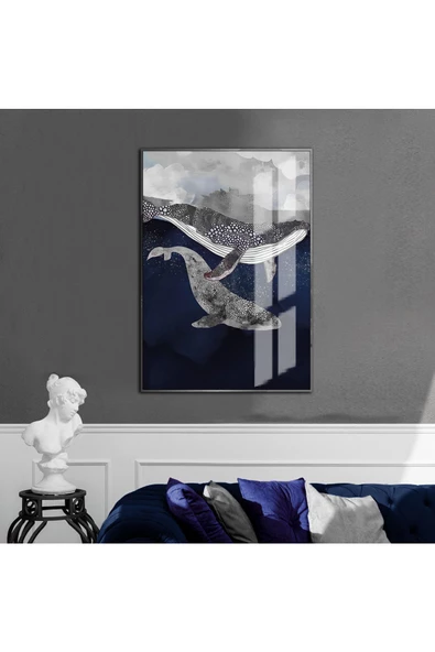 Harikabirev HARİKABİREV|MAVİ-GRİ-SİYAH YUNUS DETAYLI MODEL 3 |ÇERÇEVELİ TEMPERLİ CAM TABLO TEKLİ DİKEY ürün görseli