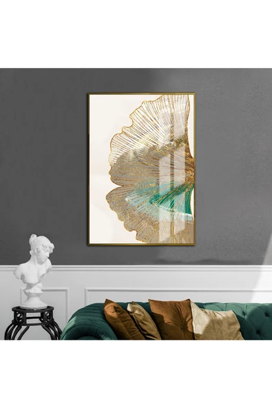 Harikabirev HARİKABİREV|YEŞİL-KREM-GOLD YAPRAK MODELİ 1 |ÇERÇEVELİ TEMPERLİ CAM TABLO TEKLİ DİKEY ürün görseli
