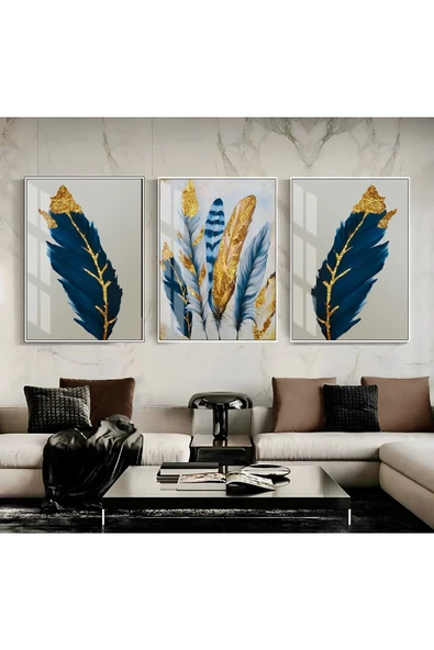Harikabirev HARİKABİREV|SEVİLEN LACİVERT-GOLD SEVİLEN TÜY KOMBİN|ÇERÇEVELİ CAM TABLO 3LÜ DİKEY ürün görseli