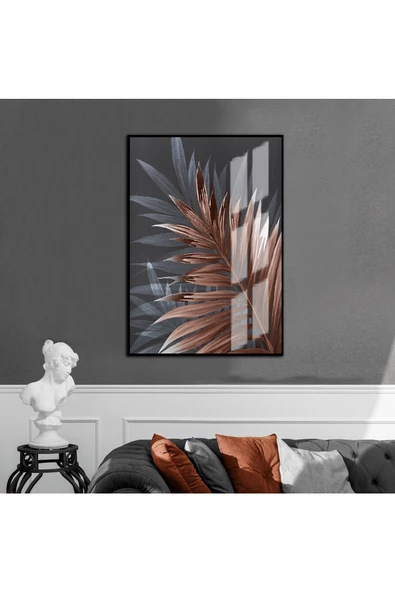 Harikabirev HARİKABİREV|KIRMIZI-GRİ-BEYAZ PALMİYE YAPRAĞI MODELİ |ÇERÇEVELİ TEMPERLİ CAM TABLO TEKLİ DİKEY ürün görseli