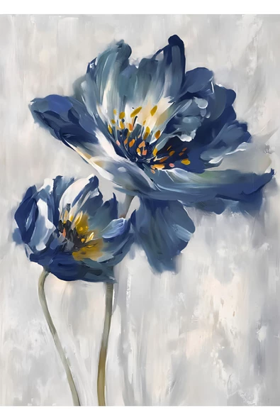 Harikabirev HARİKABİREV|MAVİ-GRİ-GOLD ÇİÇEK DESENLİ SOYUT KOMBİN  |ÇERÇEVELİ SAATLİ CAM TABLO - Resim 4