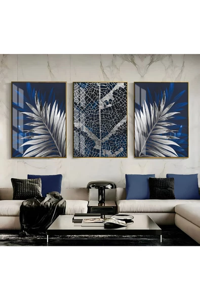 Harikabirev HARİKABİREV|LACİVERT-GÜMÜŞ SEVİLEN YAPRAK VE SOYUT KOMBİNİ|ÇERÇEVELİ CAM TABLO 3LÜ DİKEY ürün görseli
