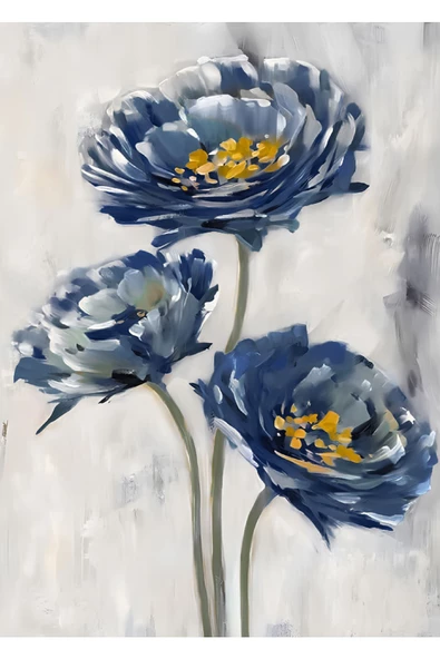 Harikabirev HARİKABİREV|MAVİ-GRİ-GOLD ÇİÇEK DESENLİ SOYUT KOMBİN  |ÇERÇEVELİ SAATLİ CAM TABLO - Resim 3