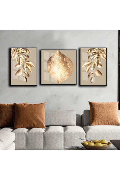 Harikabirev HARİKABİREV|KREME-GOLD YAPRAK DESENLİ KOMBİN MODELİ 01 |ÇERÇEVELİ SAATLİ CAM TABLO ürün görseli