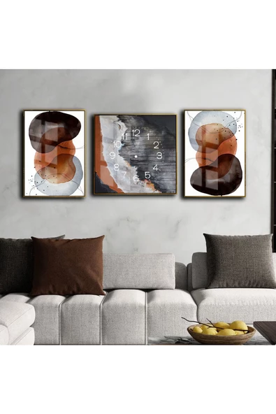 Harikabirev HARİKABİREV|TURUNCU-SİYAH-GRİ ABSTRACT BUBBLE KOMBİN MODELİ |ÇERÇEVELİ SAATLİ CAM TABLO ürün görseli
