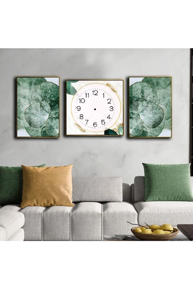 Harikabirev HARİKABİREV|YEŞİL-GOLD YAPRAK DETAYLI KOMBİN SETİ 01 |ÇERÇEVELİ SAATLİ CAM TABLO ürün görseli