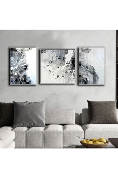Harikabirev HARİKABİREV|GRİ-SİYAH-BEYAZ SU DALGASI KOMBİN SETİ |ÇERÇEVELİ SAATLİ CAM TABLO ürün görseli