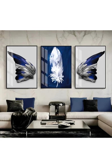 Harikabirev HARİKABİREV|LACİVERT-GÜMÜŞ TÜY VE KELEBEK KANAT KOMBİN |ÇERÇEVELİ CAM TABLO 3LÜ DİKEY ürün görseli