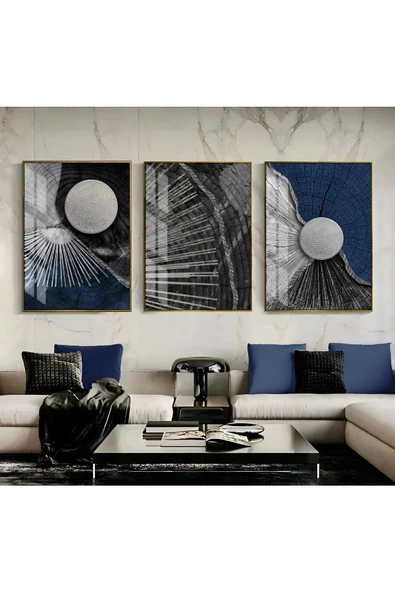 Harikabirev HARİKABİREV|LACİVERT-GÜMÜŞ SEVİLEN SOYUT ŞEKİLLER  KOMBİNİ|ÇERÇEVELİ CAM TABLO 3LÜ DİKEY ürün görseli
