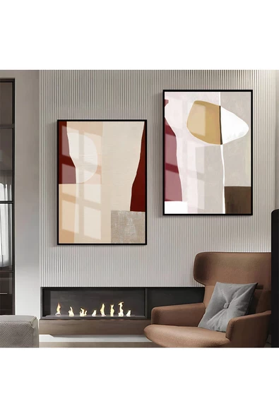 Harikabirev HARİKABİREV|BORDO-KREM SOYUT ABSTRACT KOMBİN |ÇERÇEVELİ CAM TABLO 2Lİ DİKEY