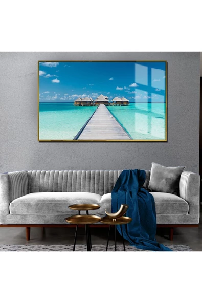 Harikabirev HARİKABİREV|YAZ MANZARALI MAVİ TONLARDA İSKELE MODELİ 1|ÇERÇEVELİ TEMPERLİ CAM TABLO TEKLİ YATAY ürün görseli