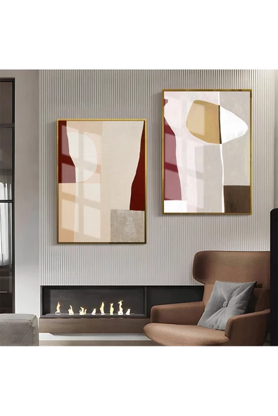 Harikabirev HARİKABİREV|BORDO-KREM SOYUT ABSTRACT KOMBİN |ÇERÇEVELİ CAM TABLO 2Lİ DİKEY