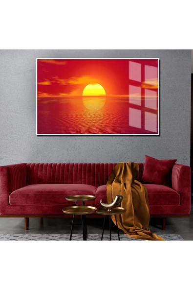 Harikabirev HARİKABİREV|YAZ MANZARALI KIRMIZI GÜNBATIMI MODELİ 2|ÇERÇEVELİ TEMPERLİ CAM TABLO TEKLİ YATAY ürün görseli