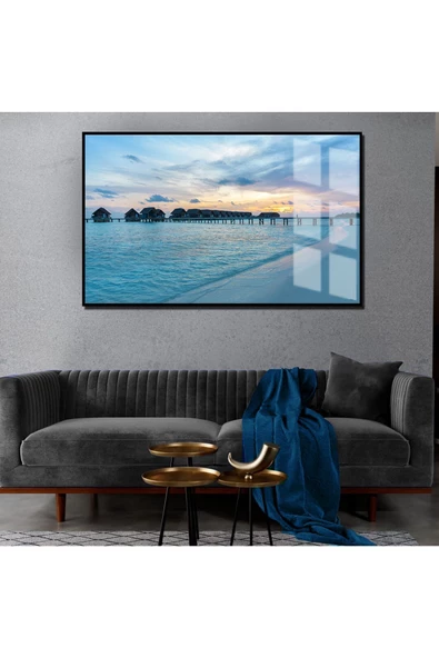 Harikabirev HARİKABİREV|YAZ MANZARALI MAVİ TONLAR DENİZ MODELİ 02|ÇERÇEVELİ TEMPERLİ CAM TABLO TEKLİ YATAY ürün görseli