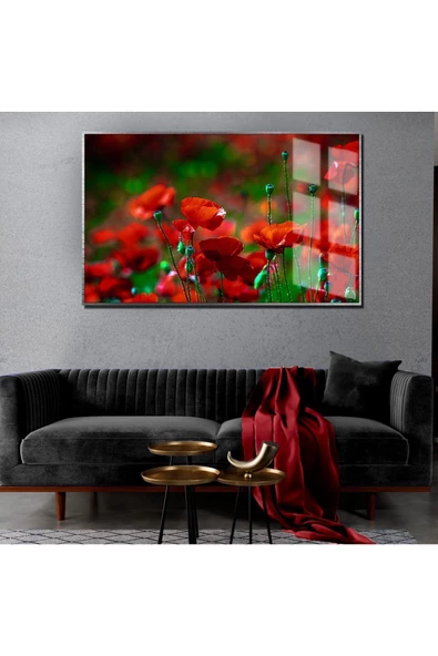 Harikabirev HARİKABİREV|YAZ MANZARALI KIRMIZI GELİNCİK TARLASI MODELİ |ÇERÇEVELİ TEMPERLİ CAM TABLO TEKLİ YATAY ürün görseli