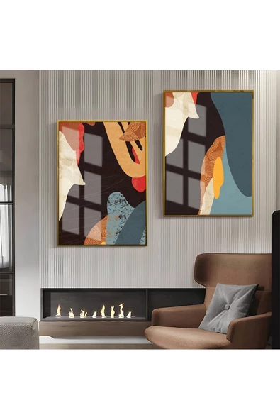 Harikabirev HARİKABİREV|SİYAH-MAVİ-KİREMİT SOYUT ABSTRACT KOMBİN |ÇERÇEVELİ CAM TABLO 2Lİ DİKEY ürün görseli