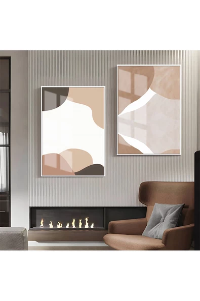 Harikabirev HARİKABİREV|KREM-BEYAZ-BEJ SOYUT ABSTRACT KOMBİN |ÇERÇEVELİ CAM TABLO 2Lİ DİKEY