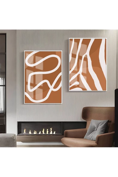 Harikabirev HARİKABİREV|KİREMİT-BEJ SOYUT ŞEKİL KOMBİN |ÇERÇEVELİ CAM TABLO 2Lİ DİKEY ürün görseli