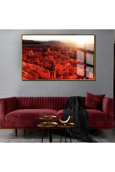Harikabirev HARİKABİREV|YAZ MANZARALI KIRMIZI KANYON MANZARA MODELİ|ÇERÇEVELİ TEMPERLİ CAM TABLO TEKLİ YATAY ürün görseli