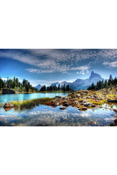 Harikabirev HARİKABİREV|SONBAHAR MANZARALI MAVİ GÖL MANZARASI 02|ÇERÇEVELİ TEMPERLİ CAM TABLO TEKLİ YATAY - Resim 2