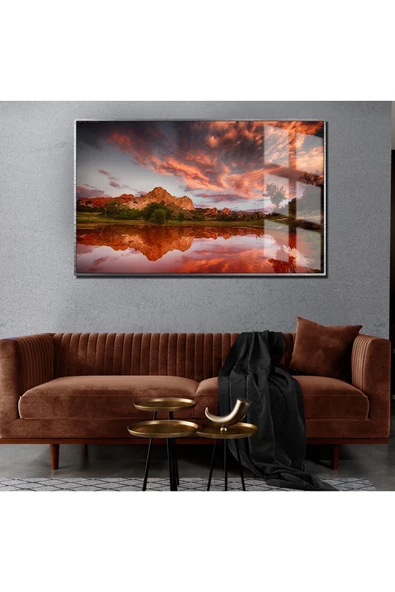 Harikabirev HARİKABİREV|SONBAHAR MANZARALI KIRMIZI DAĞ MANZARASI 02|ÇERÇEVELİ TEMPERLİ CAM TABLO TEKLİ YATAY ürün görseli