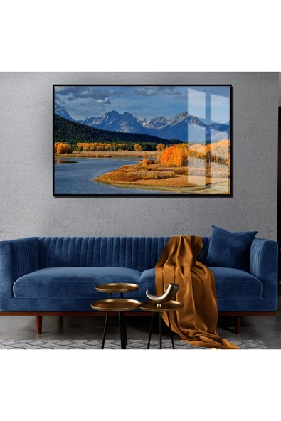 Harikabirev HARİKABİREV|SONBAHAR MANZARALI MAVİ DAĞ-GÖL MANZARA 01|ÇERÇEVELİ TEMPERLİ CAM TABLO TEKLİ YATAY ürün görseli