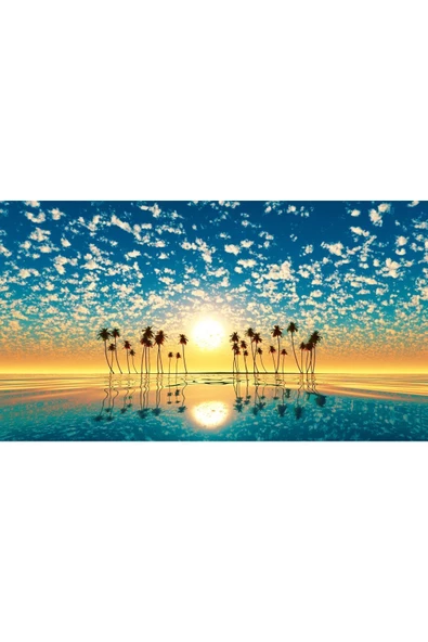 Harikabirev HARİKABİREV|YAZ MANZARALI MAVİ PALMİYE VE DENİZ MODELİ 1|ÇERÇEVELİ TEMPERLİ CAM TABLO TEKLİ YATAY - Resim 2