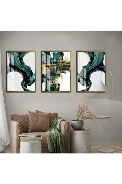 Harikabirev HARİKABİREV|YEŞİL RENK SOYUT ABSTRACT KOMBİN|ÇERÇEVELİ CAM TABLO 3LÜ DİKEY ürün görseli