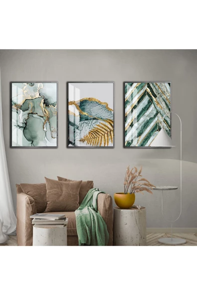 Harikabirev HARİKABİREV|YEŞİL GOLD YAPRAK VE ÇİÇEK KOMBİN 1|ÇERÇEVELİ CAM TABLO 3LÜ DİKEY ürün görseli