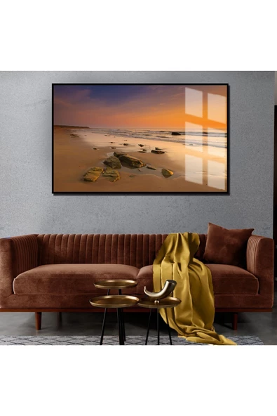 Harikabirev HARİKABİREV|YAZ MANZARALI SARI KUMSAL VE DENİZ MODELİ 1|ÇERÇEVELİ TEMPERLİ CAM TABLO TEKLİ YATAY ürün görseli