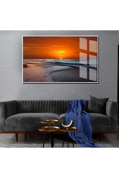 Harikabirev HARİKABİREV|YAZ MANZARALI SARI GÜNDOĞUMU DENİZ MANZARASI|ÇERÇEVELİ TEMPERLİ CAM TABLO TEKLİ YATAY ürün görseli