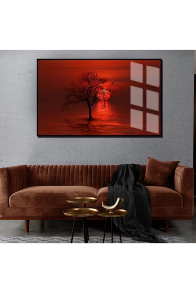 Harikabirev HARİKABİREV|SONBAHAR MANZARALI KIRMIZI RENK AĞAÇ MOTİFLİ 1|ÇERÇEVELİ TEMPERLİ CAM TABLO TEKLİ YATAY ürün görseli