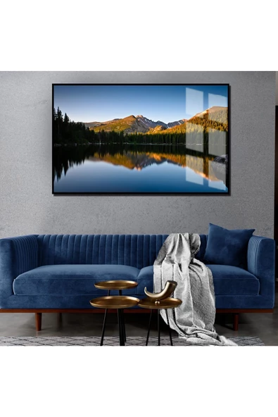 Harikabirev HARİKABİREV|SONBAHAR MANZARALI MAVİ GÖL MANZARASI 1|ÇERÇEVELİ TEMPERLİ CAM TABLO TEKLİ YATAY ürün görseli