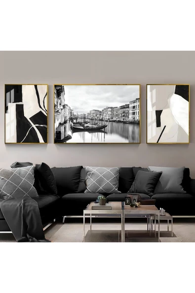 Harikabirev HARİKABİREV|SİYAH-BEYAZ IKEA SOYUT ABSTRACT KOMBİNİ 01 |ÇERÇEVELİ TEMPERLİ CAM TABLO 3LÜ YATAY