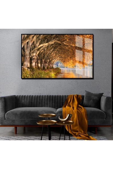 Harikabirev HARİKABİREV|SONBAHAR MANZARALI SARI GÖL KIYISI MODEL 1|ÇERÇEVELİ TEMPERLİ CAM TABLO TEKLİ YATAY ürün görseli