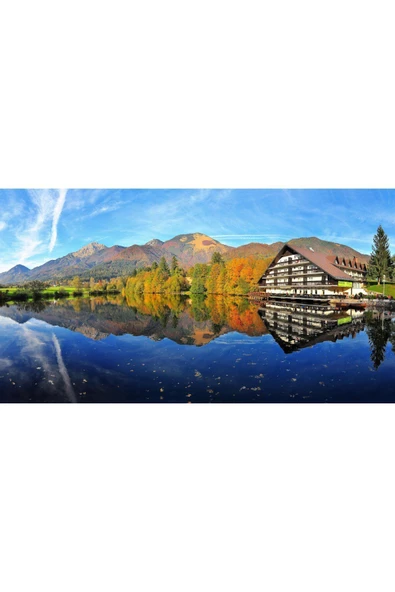 Harikabirev HARİKABİREV|SONBAHAR MANZARALI MAVİ GÖL EVİ MANZARASI 1|ÇERÇEVELİ TEMPERLİ CAM TABLO TEKLİ YATAY - Resim 2