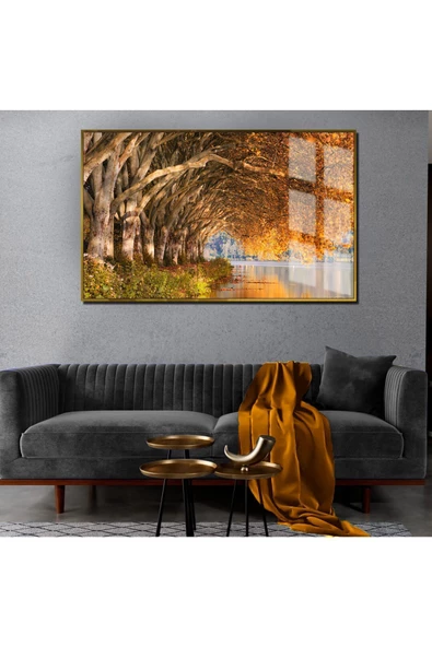 Harikabirev HARİKABİREV|SONBAHAR MANZARALI SARI GÖL KIYISI MODEL 1|ÇERÇEVELİ TEMPERLİ CAM TABLO TEKLİ YATAY ürün görseli