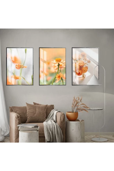 Harikabirev HARİKABİREV|TURUNCU-YEŞİL KOMBİN SOYUT ÇİÇEK VE YARPAK KOMBİNİ 4|ÇERÇEVELİ CAM TABLO 3LÜ DİKEY ürün görseli