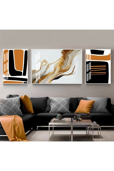 Harikabirev HARİKABİREV|SİYAH-TURUNCU-BEYAZ SOYUT ABSTRACT KOMBİN 01 |ÇERÇEVELİ TEMPERLİ CAM TABLO 3LÜ YATAY ürün görseli
