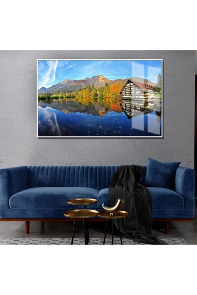 Harikabirev HARİKABİREV|SONBAHAR MANZARALI MAVİ GÖL EVİ MANZARASI 1|ÇERÇEVELİ TEMPERLİ CAM TABLO TEKLİ YATAY ürün görseli