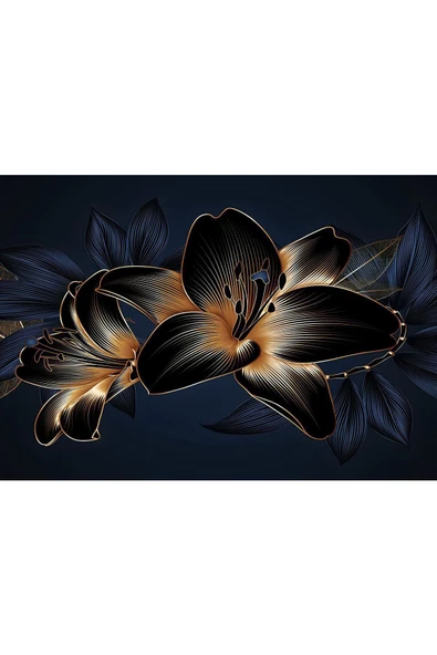 Harikabirev HARİKABİREV|LACİVERT-GOLD SOYUT ÇİÇEK ART 2|ÇERÇEVELİ TEMPERLİ CAM TABLO TEKLİ YATAY - Resim 2