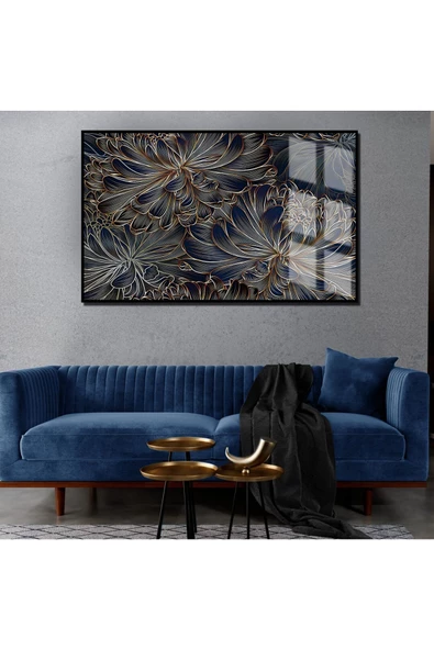 Harikabirev HARİKABİREV|LACİVERT-GOLD SOYUT ÇİÇEK ART 1|ÇERÇEVELİ TEMPERLİ CAM TABLO TEKLİ YATAY ürün görseli