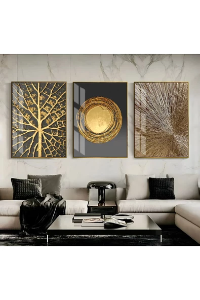 Harikabirev HARİKABİREV|GRİ-GOLD SEVİLEN SOYUT ABSTRACT KOMBİN 03|ÇERÇEVELİ CAM TABLO 3LÜ DİKEY