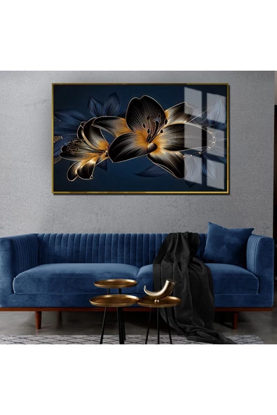 Harikabirev HARİKABİREV|LACİVERT-GOLD SOYUT ÇİÇEK ART 2|ÇERÇEVELİ TEMPERLİ CAM TABLO TEKLİ YATAY