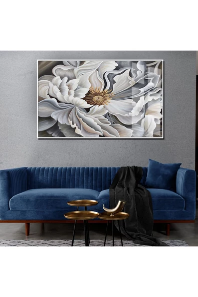 Harikabirev HARİKABİREV|GRİ-BEYAZ YAĞLI BOYA EFETKLİ ÇİÇEK 1 |ÇERÇEVELİ TEMPERLİ CAM TABLO TEKLİ YATAY ürün görseli