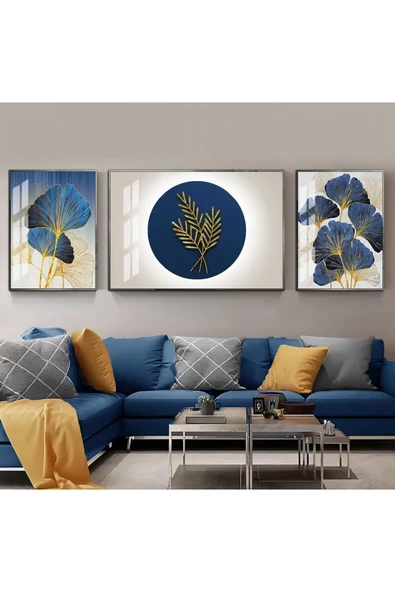 Harikabirev HARİKABİREV|LACİVERT-GOLD SEVİLEN SONSUZLUK ÇİÇEK YAPRAK |ÇERÇEVELİ TEMPERLİ CAM TABLO 3LÜ YATAY ürün görseli
