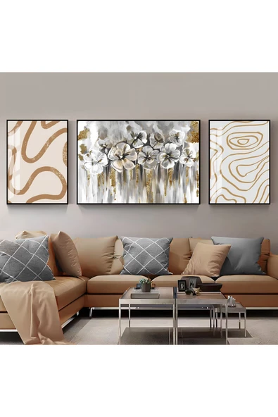 Harikabirev HARİKABİREV|GOLD-GRİ-SİYAH SOFT ÇİÇEK ABSTRACT KOMBİN 01 |ÇERÇEVELİ TEMPERLİ CAM TABLO 3LÜ YATAY
