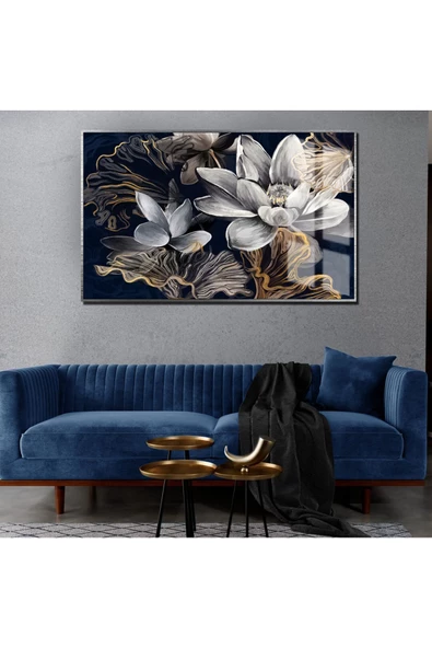 Harikabirev HARİKABİREV|LACİVERT-GOLD YAĞLI BOYA EFETKLİ ÇİÇEK 3 |ÇERÇEVELİ TEMPERLİ CAM TABLO TEKLİ YATAY ürün görseli