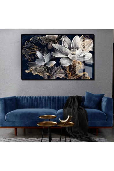 Harikabirev HARİKABİREV|LACİVERT-GOLD YAĞLI BOYA EFETKLİ ÇİÇEK 3 |ÇERÇEVELİ TEMPERLİ CAM TABLO TEKLİ YATAY ürün görseli